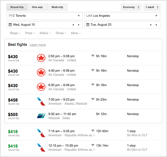 screenshot of Google Flight website