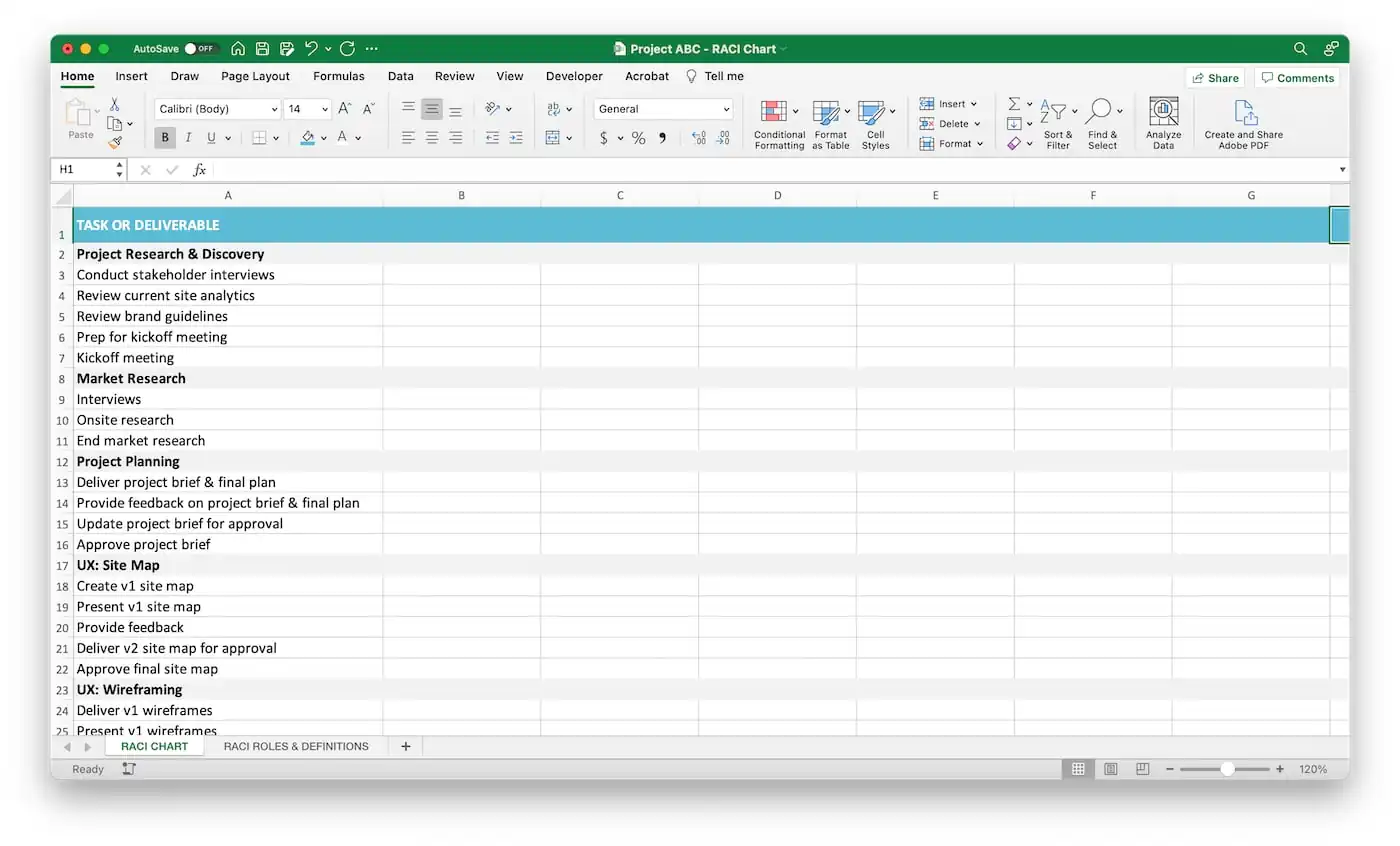 RACI chart spreadsheet example