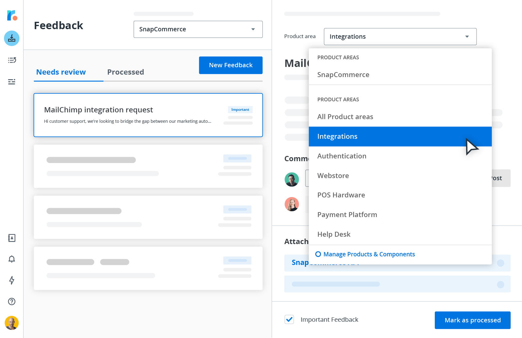 Customer feedback inbox showing product area dropdown