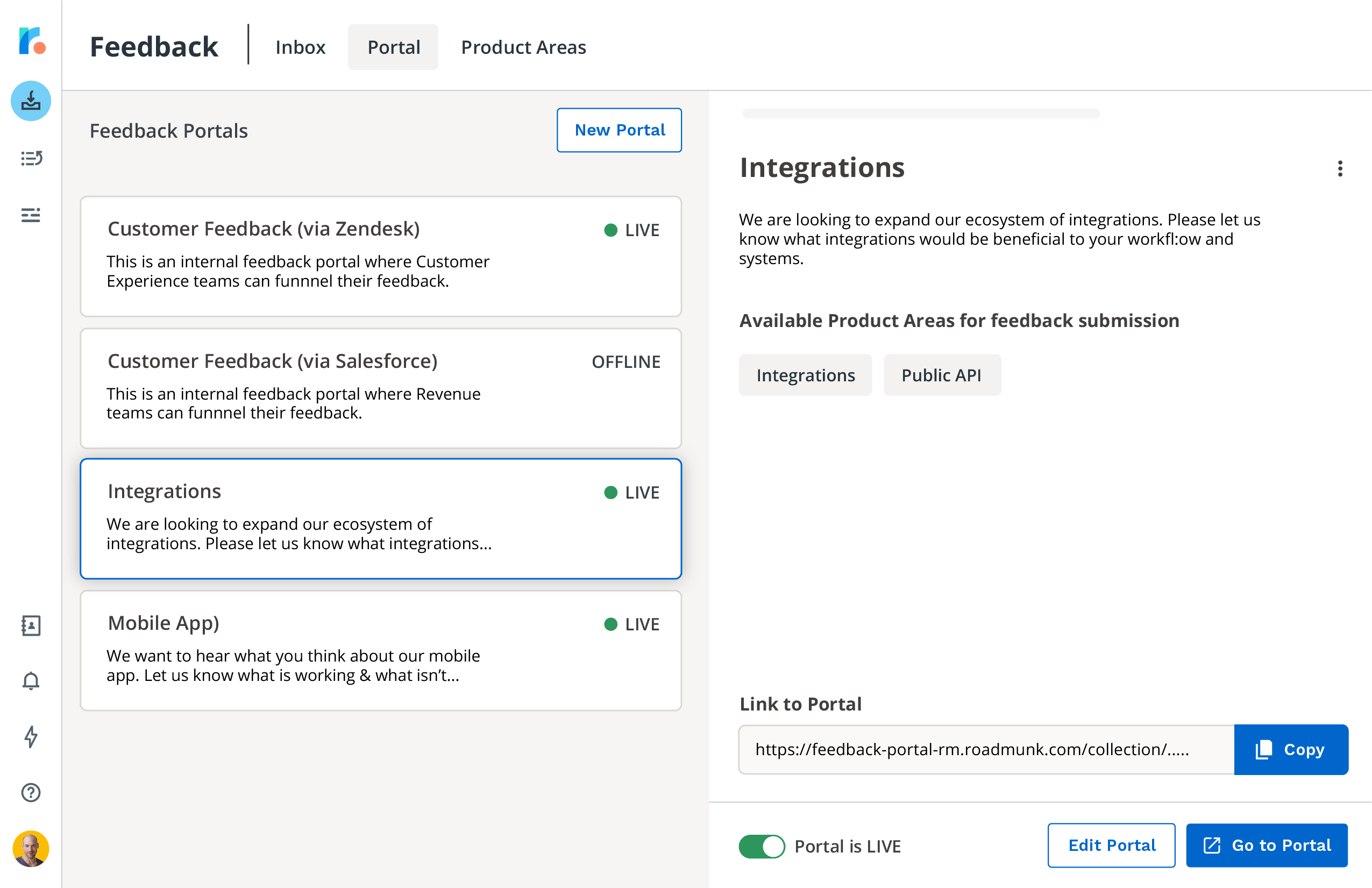 Customer feedback inbox showing customers by the company they belong to